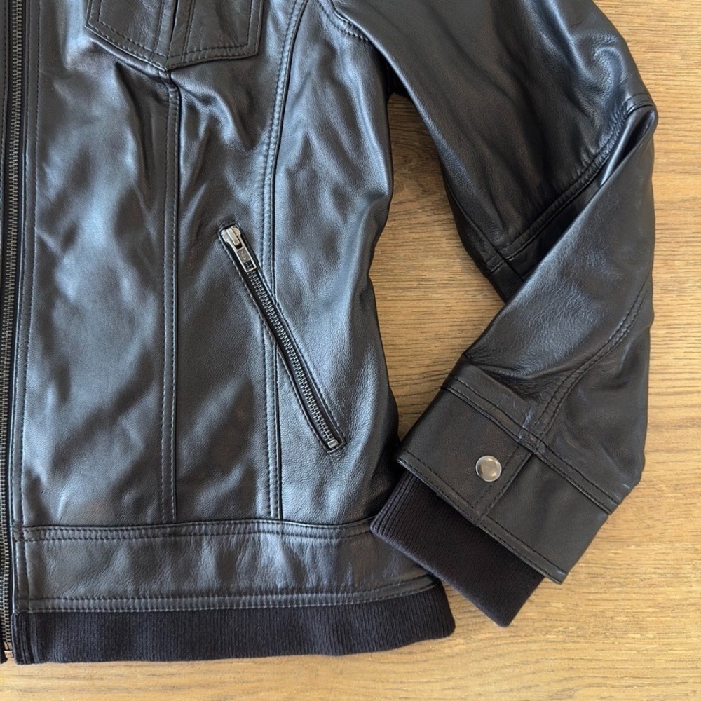 Quince 100% Soft Sheep Leather Moto Biker Jacket w/ Removable Hood-Black-Sz L - Picture 2 of 16